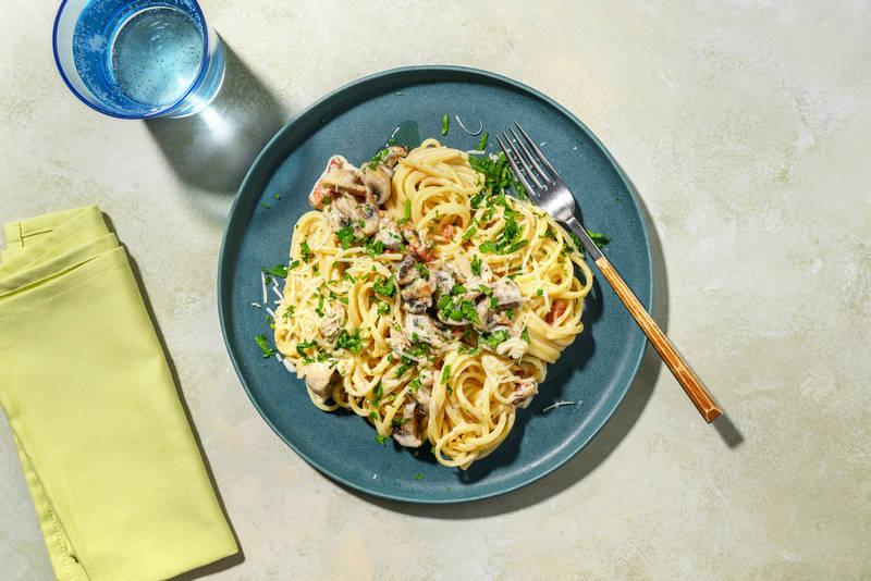 Linguine alla boscaiola & lardons fumés