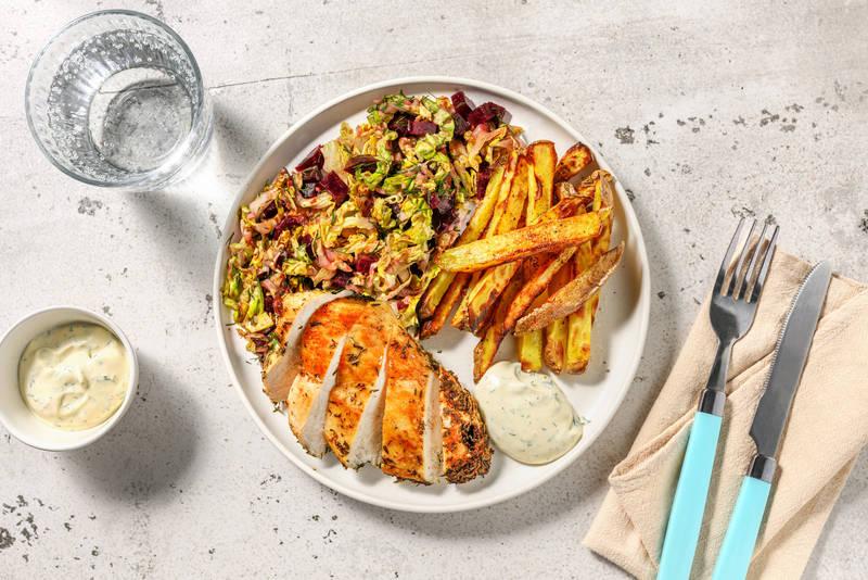 Poulet doré, thym & salade de betterave