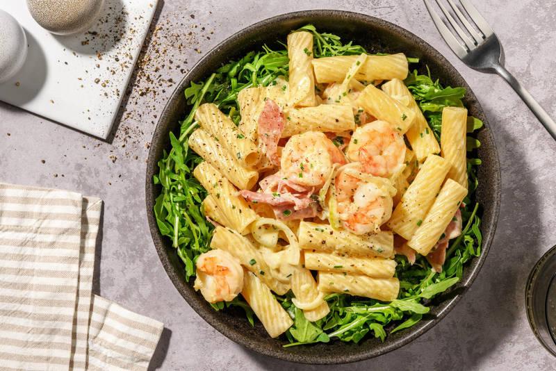 Fusilli complets terre-mer : crevettes & jambon
