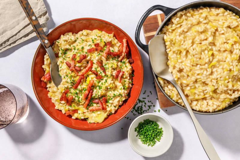 Risotto gourmand poireau & lardons fumés