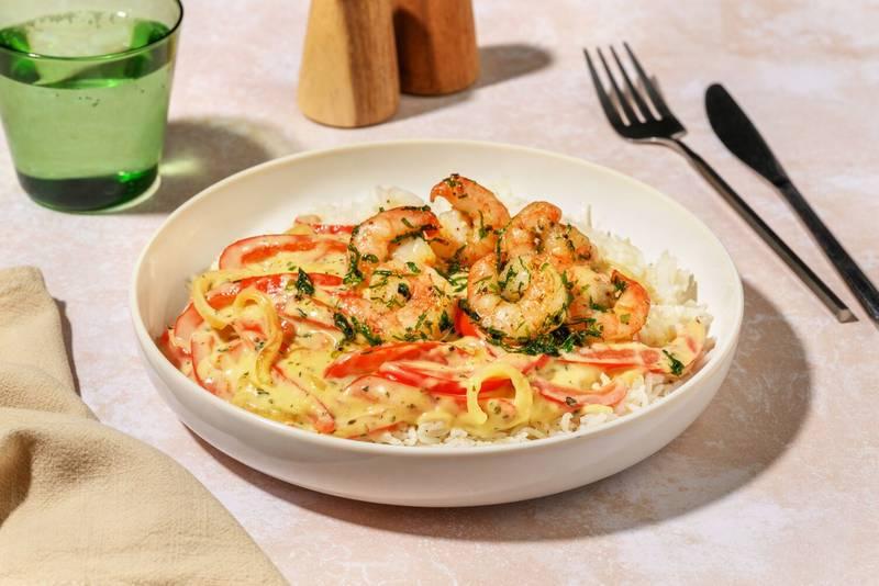 Crevettes en persillade & poivrons dorés
