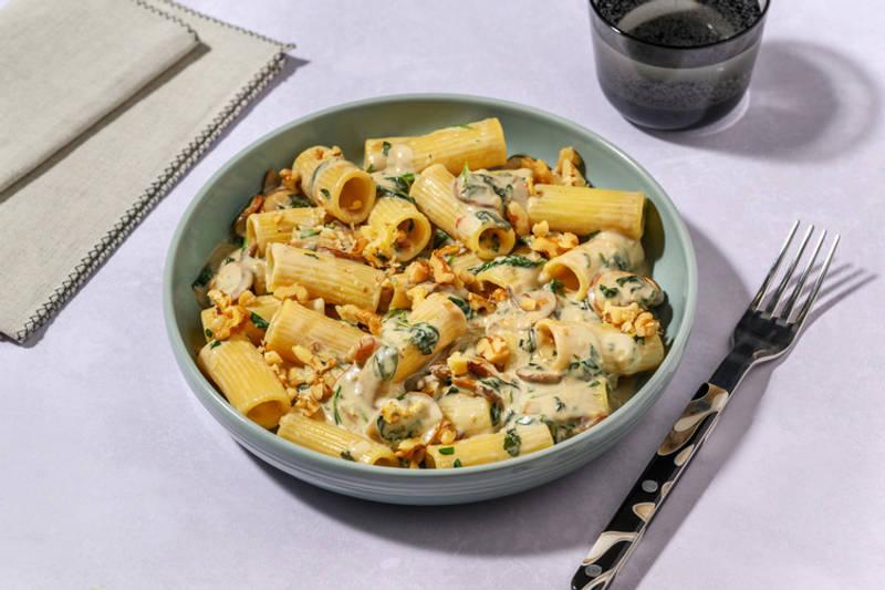 Rigatoni sauce au bleu, épinards & champignons