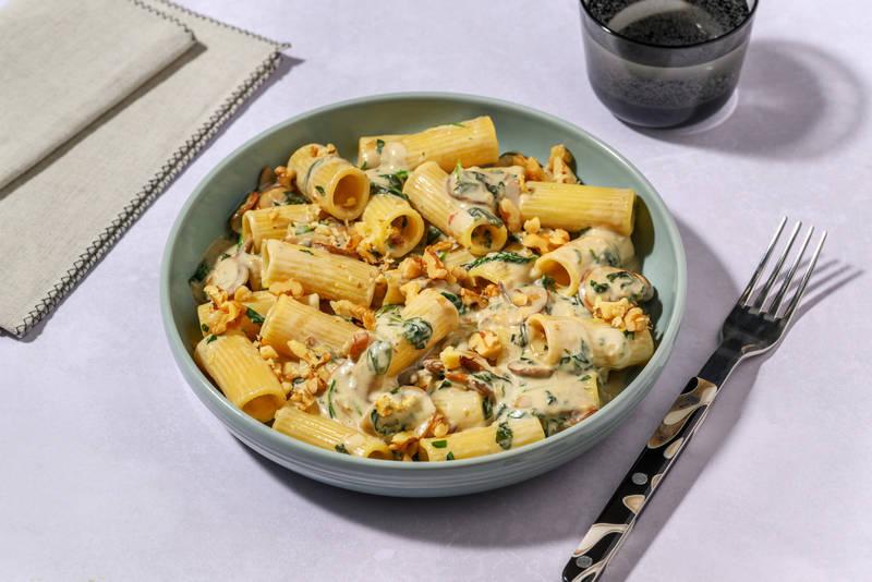 Fusilli complets au bleu, épinards & champis