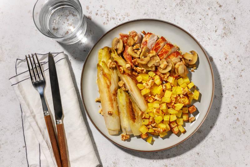 Poulet sauce forestière, endives braisées & noix