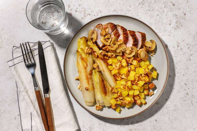 Porc sauce forestière, endives braisées & noix