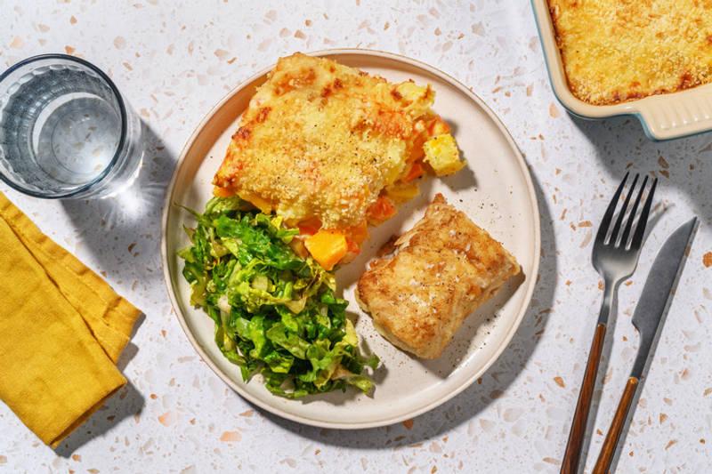 Lieu au thym & gratin de potimarron au gouda