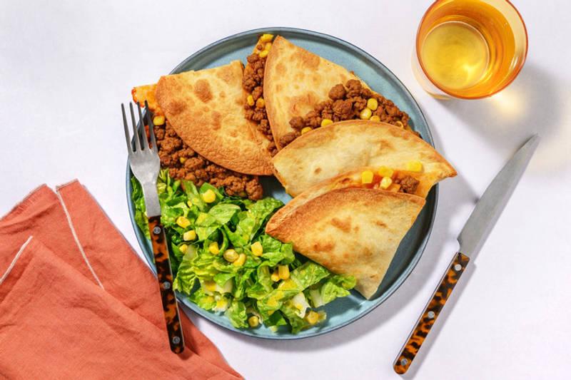 Cheesy quesadillas au haché végétal & maïs