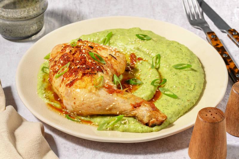 Cuisse de poulet laquée & purée de brocoli
