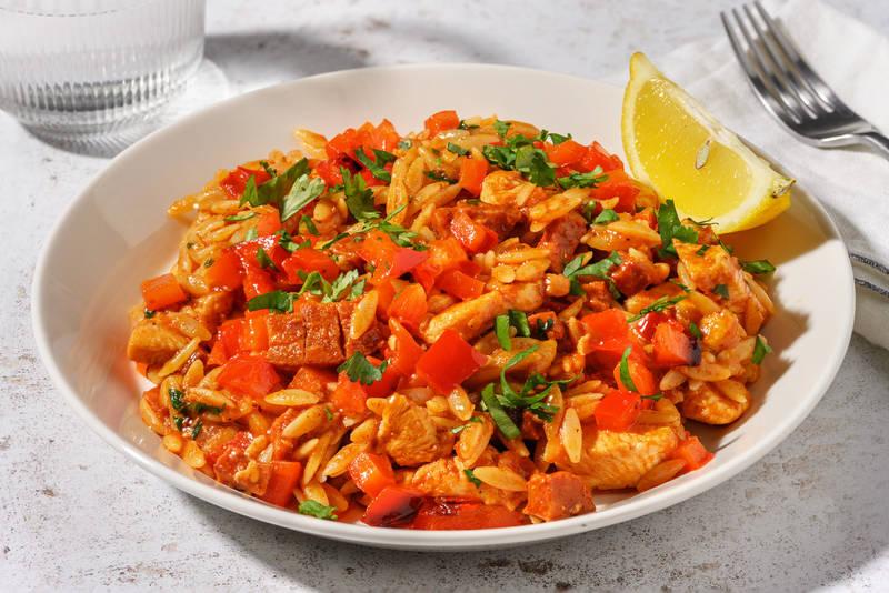 Orzo « Rojo » au poulet & chorizo