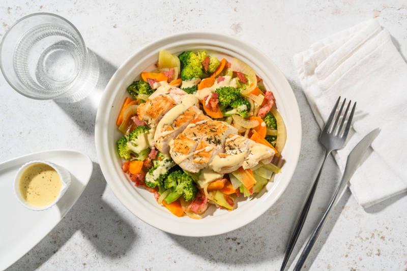 Poulet, poêlée de légumes & lardons