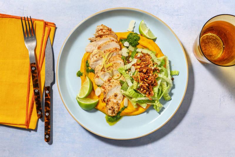 Poulet aux épices, amandes & purée potimarron
