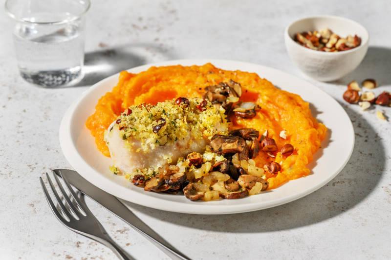 Lieu en croûte de noisettes & purée de courge
