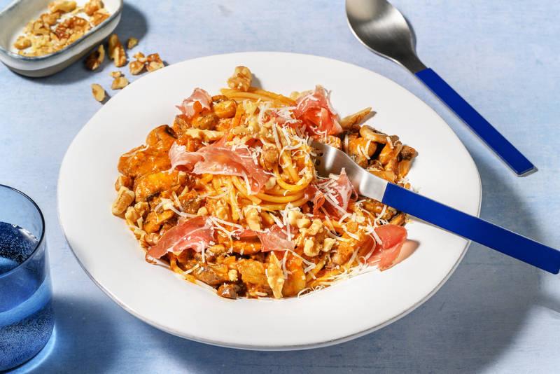 Spaghetti pesto, champis & jambon sec