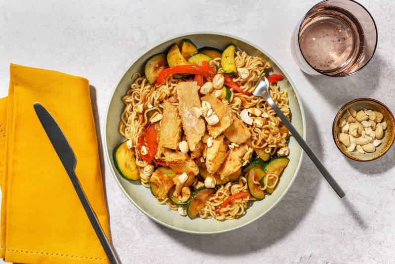 Wok de nouilles aux émincés veggie & courgette