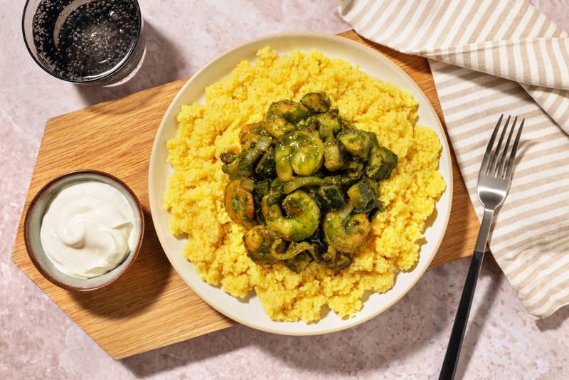 Crevettes, zhoug à la coriandre & courgettes