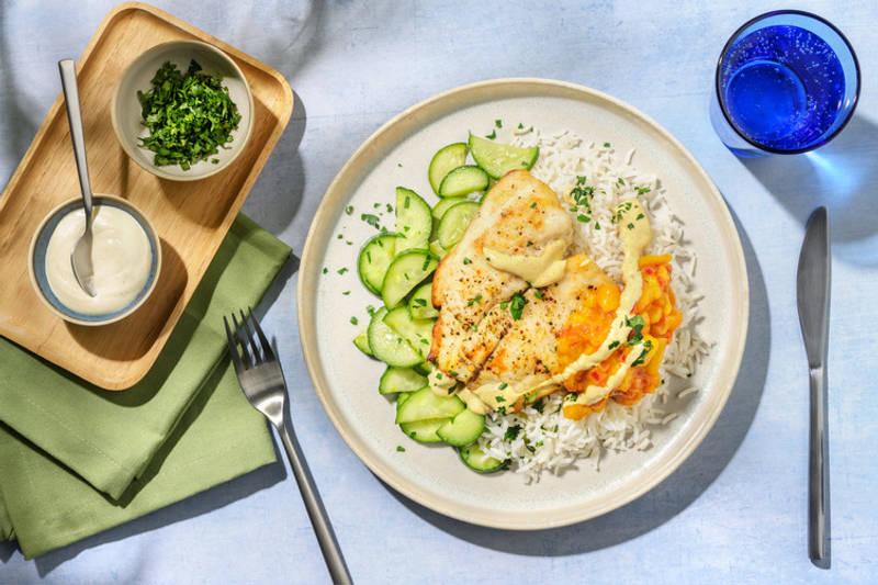 Lieu doré, chutney de mangue maison & riz