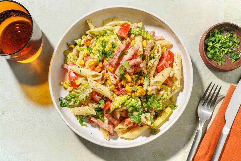 Pasta Salad : maïs doré, lardons & tomates