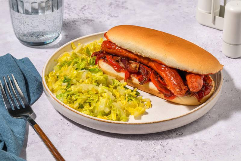 Hot dog merguez & confit oignon-poivrons