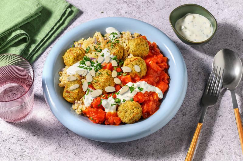 Boulgour pilaf, légumes mijotés & falafels