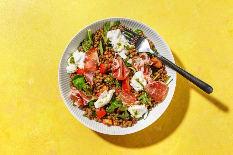 Salade « minute » lentilles, burrata & coppa