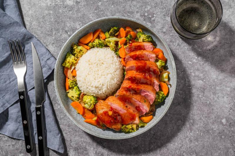 Canard sauce aigre-douce & légumes au soja