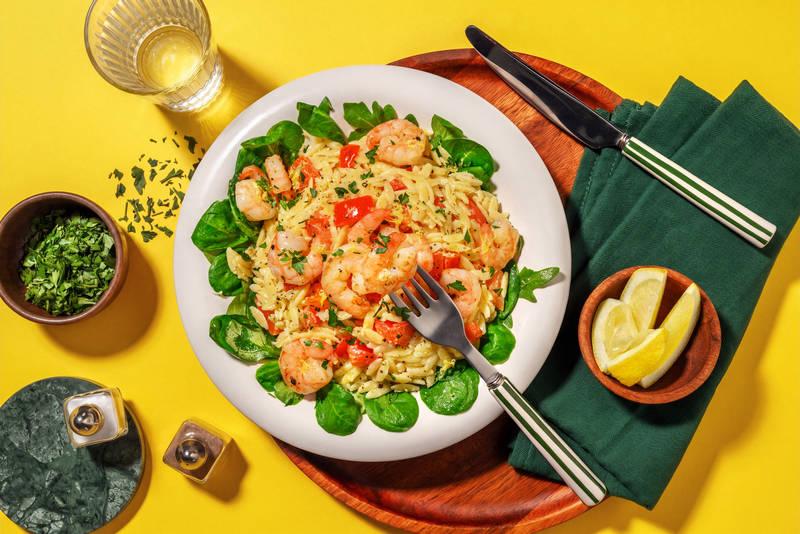 Orzo aux crevettes dorées sauce persil & ail