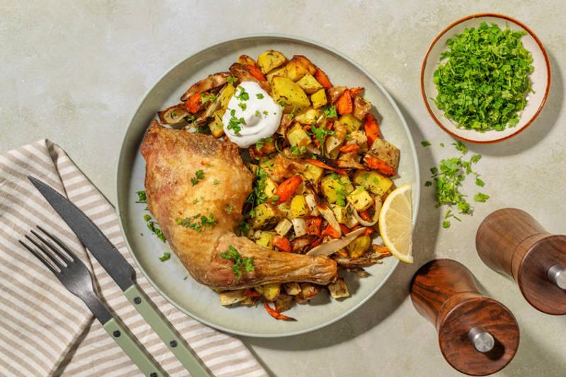 Cuisse de poulet rôtie, sauce yaourt & cerfeuil