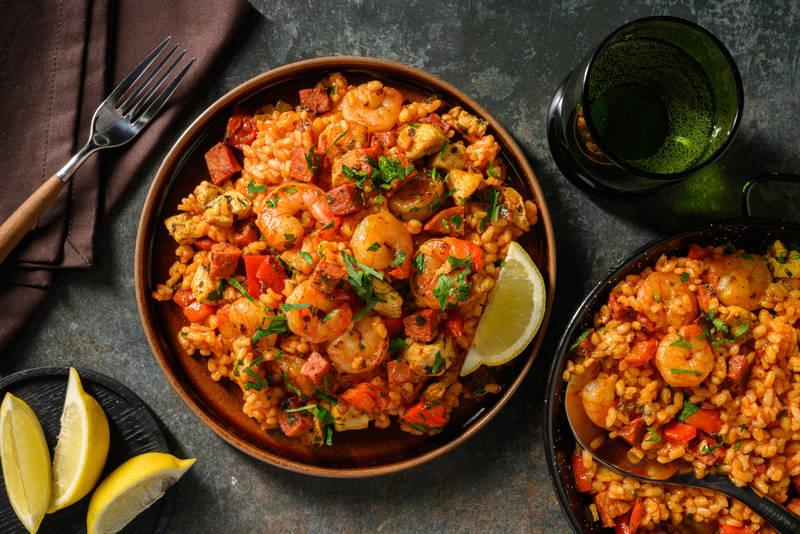 Riz terre-mer chorizo, crevettes & poulet