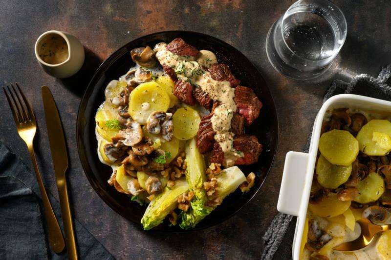 Bavette sauce cerfeuil & gratin de champignons