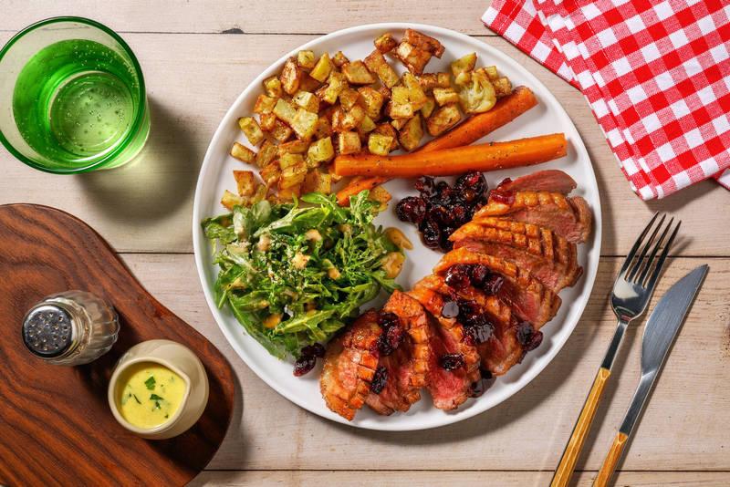 Canard poêlé aux cranberries & carottes glacées