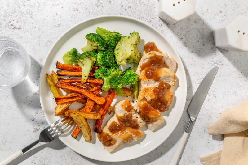 Poulet poêlé, sauce à l'échalote & brocoli