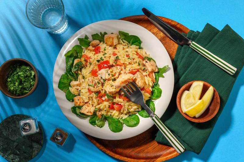 Orzo au poulet doré sauce persil & ail