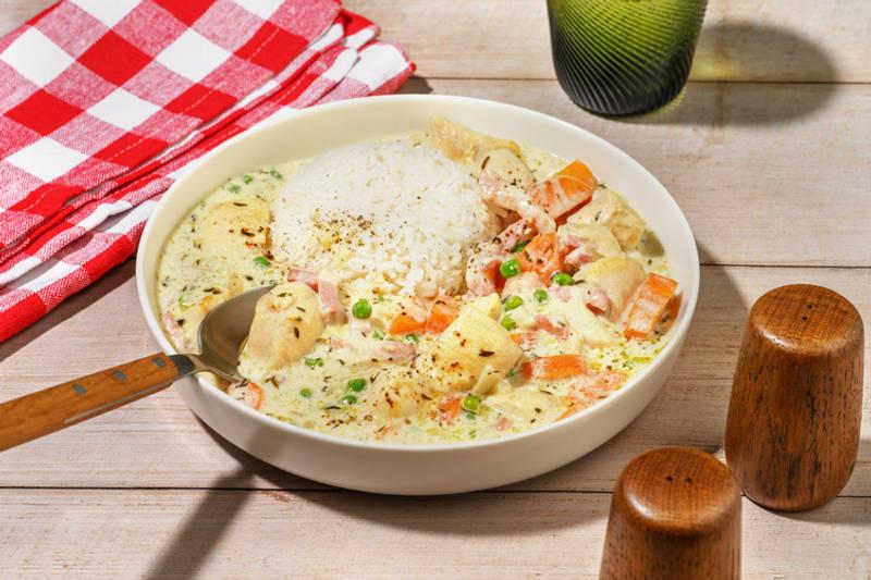 Fricassée crémeuse de dinde & lardons au thym