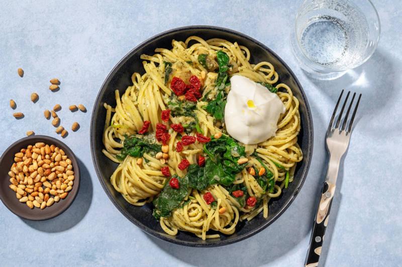 Pâtes aux épinards, burrata & pignons