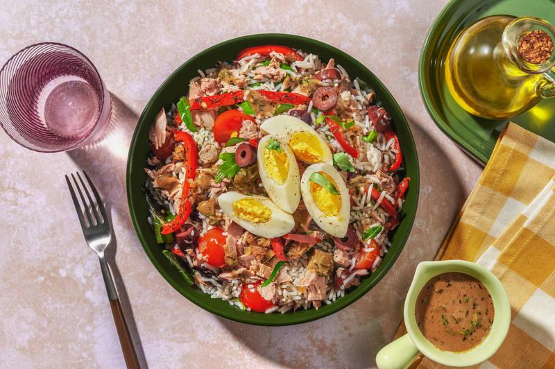 Salade de riz à la niçoise : thon & olives