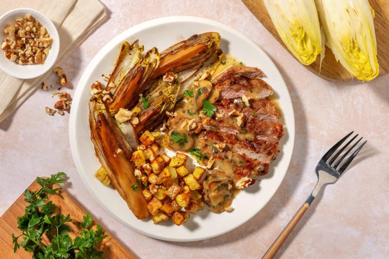 Porc sauce champignons, endives braisées & noix