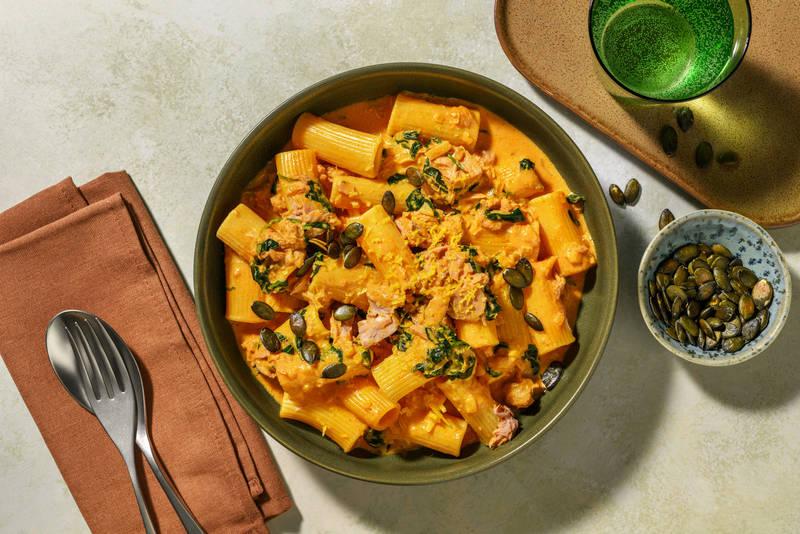Rigatoni crémeux aux thon-épinards sauce curry