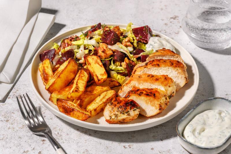 Poulet-frites & salade éclatante de betterave
