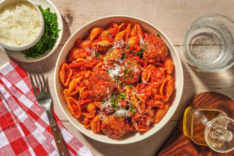 Fusilli complets, boulettes de porc & piri-piri