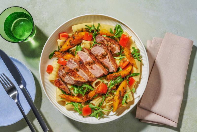 Bowl d'été : canard, pâtes complètes & abricots