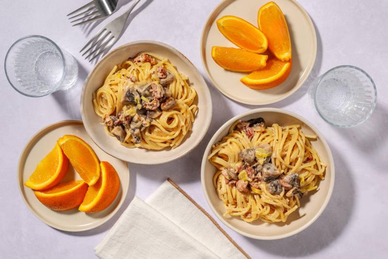 Menu enfant : pâtes lardons-poireaux & champis