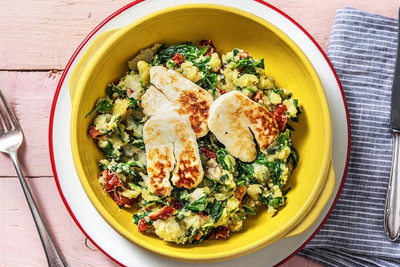 Écrasé de topinambour & épinards au halloumi poêlé