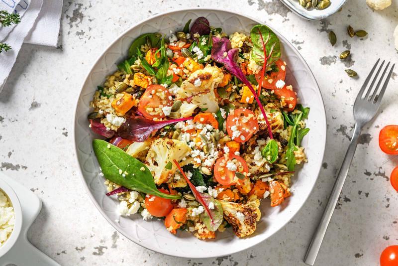 Salade orientale au boulgour, légumes au four et feta