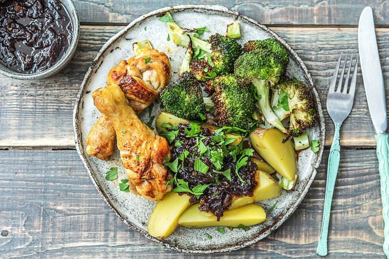 Pilons de poulet, pommes de terre et brocoli