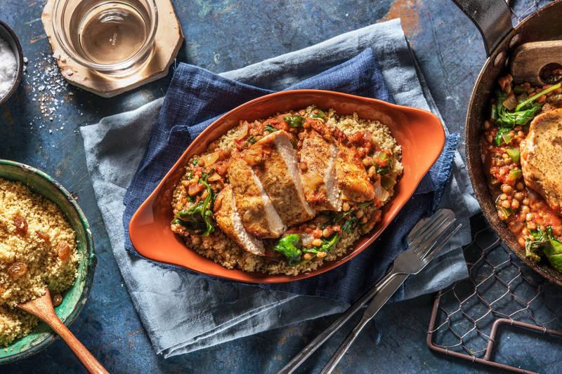 Filet de poulet épicé à la marocaine et mijoté de lentilles et tomates