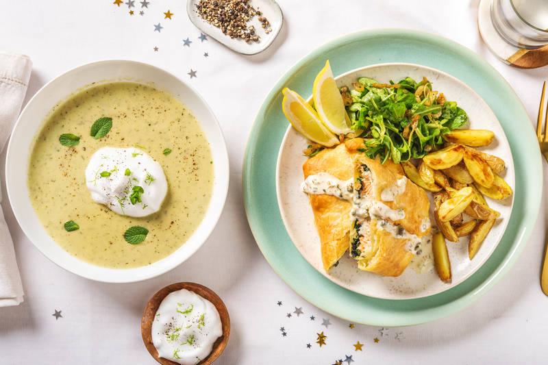 Saumon en croûte accompagné de grenailles, de câpres et d'une salade